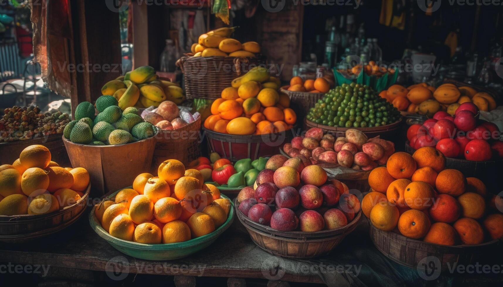 Fresh organic citrus fruits in large basket variety generated by AI photo