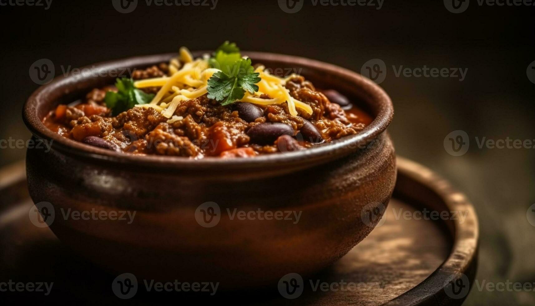 Freshly cooked vegetarian stew on rustic pottery plate generated by AI photo