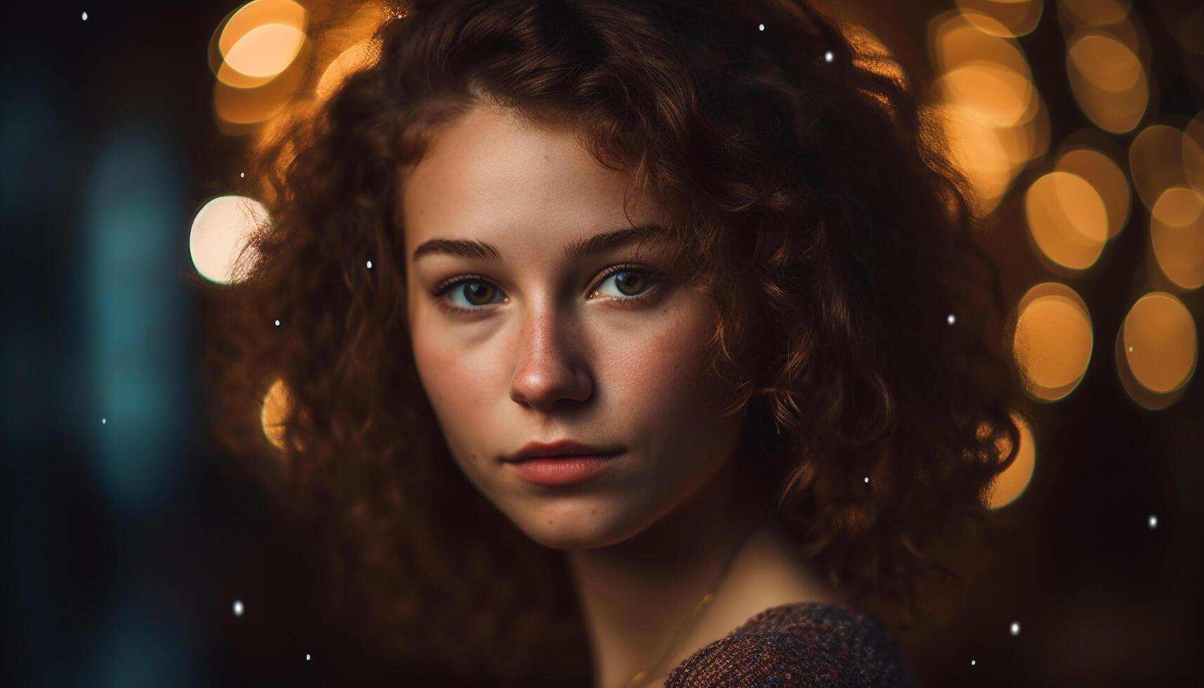 Young adult woman with curly brown hair smiling generated by AI photo