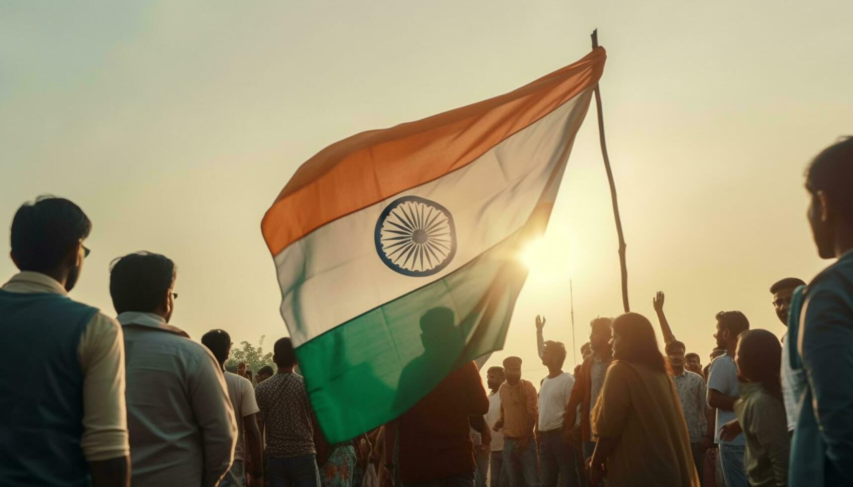 Patriotic men and women holding American flag celebrating generated by AI photo