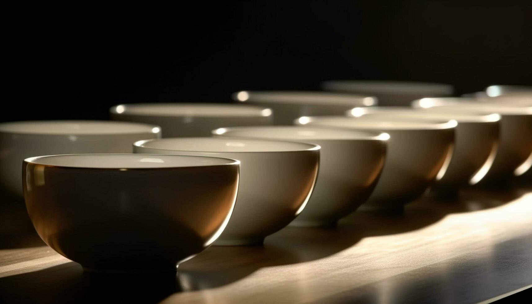 Coffee cups in a row, reflecting elegance generated by AI photo