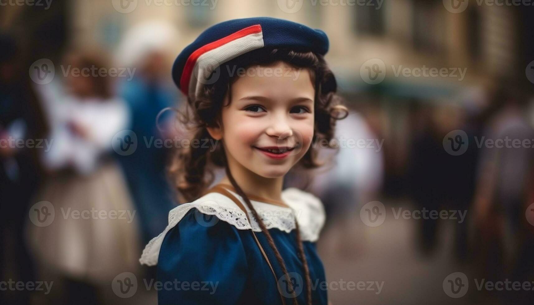 sonriente niña en tradicional traje, al aire libre jugando generado por ai foto