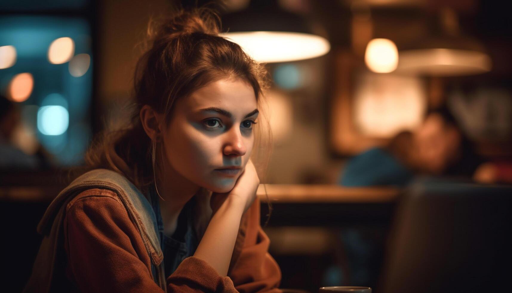 sonriente joven mujer disfrutando un bebida adentro generado por ai foto