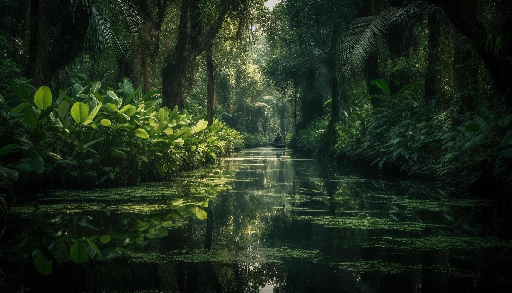 Tranquil scene of a tropical rainforest pond generated by AI photo