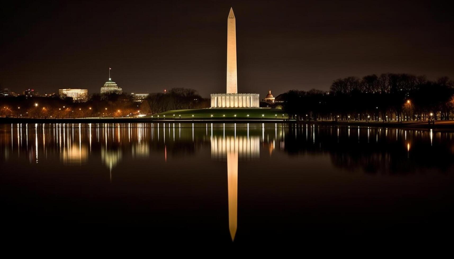 iluminado Monumento refleja en agua a oscuridad generado por ai foto