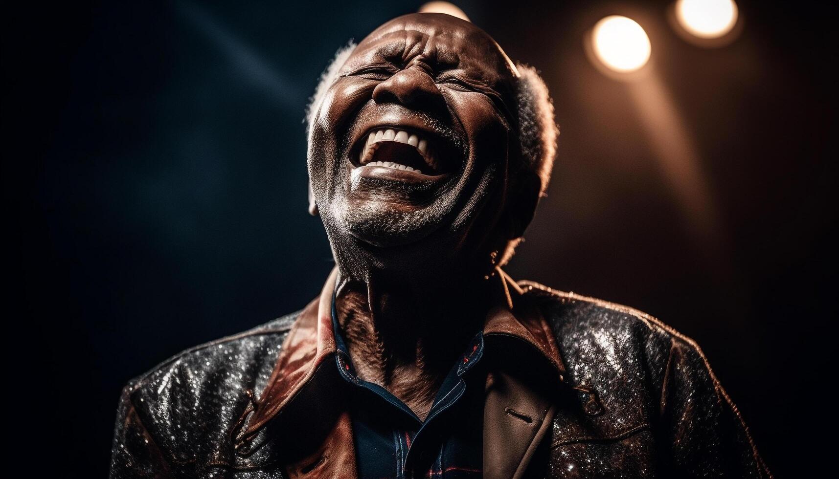 sonriente hombres en negro, canto rock música generado por ai foto