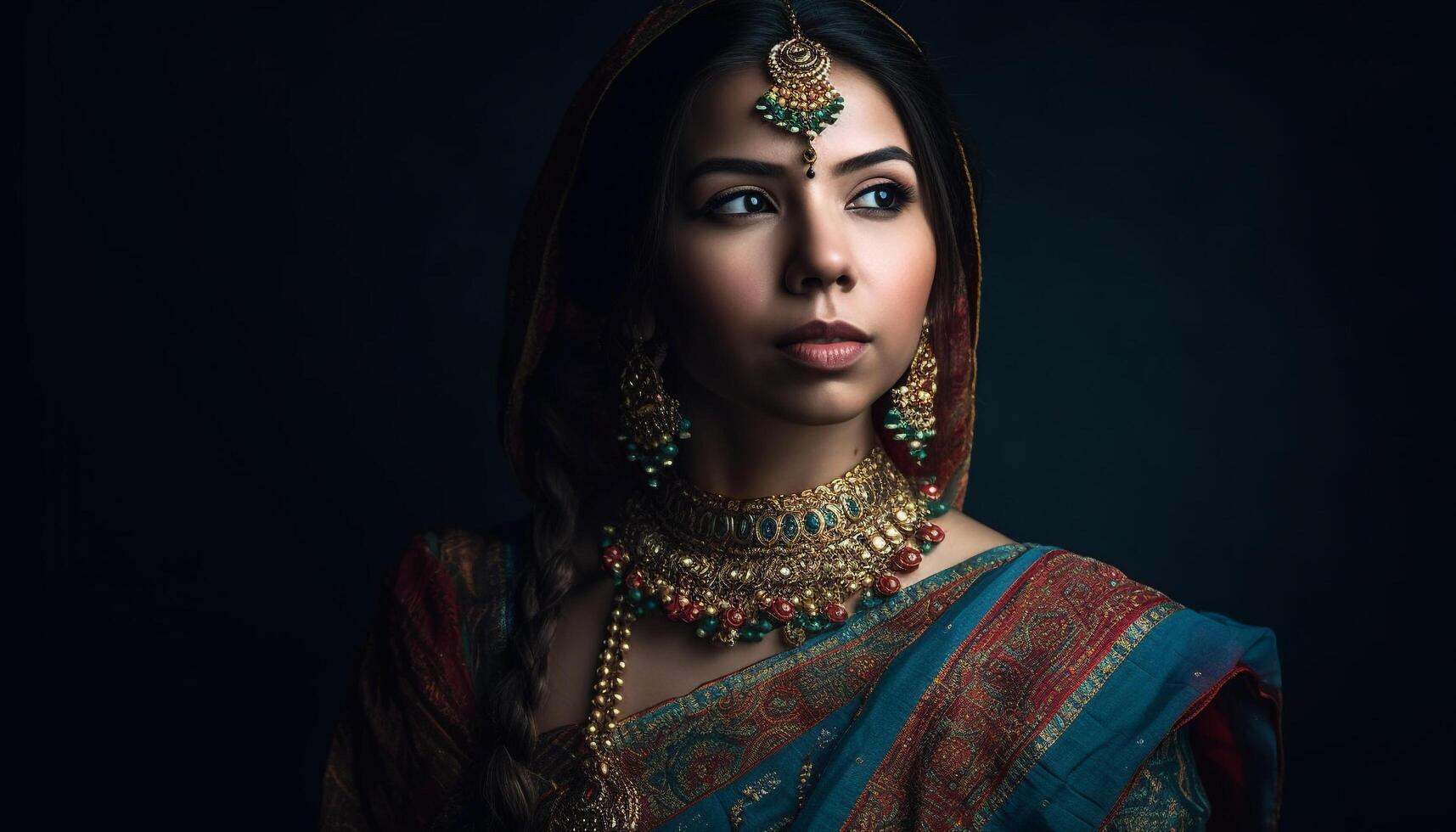 Young woman in sari exudes elegance and glamour generated by AI photo