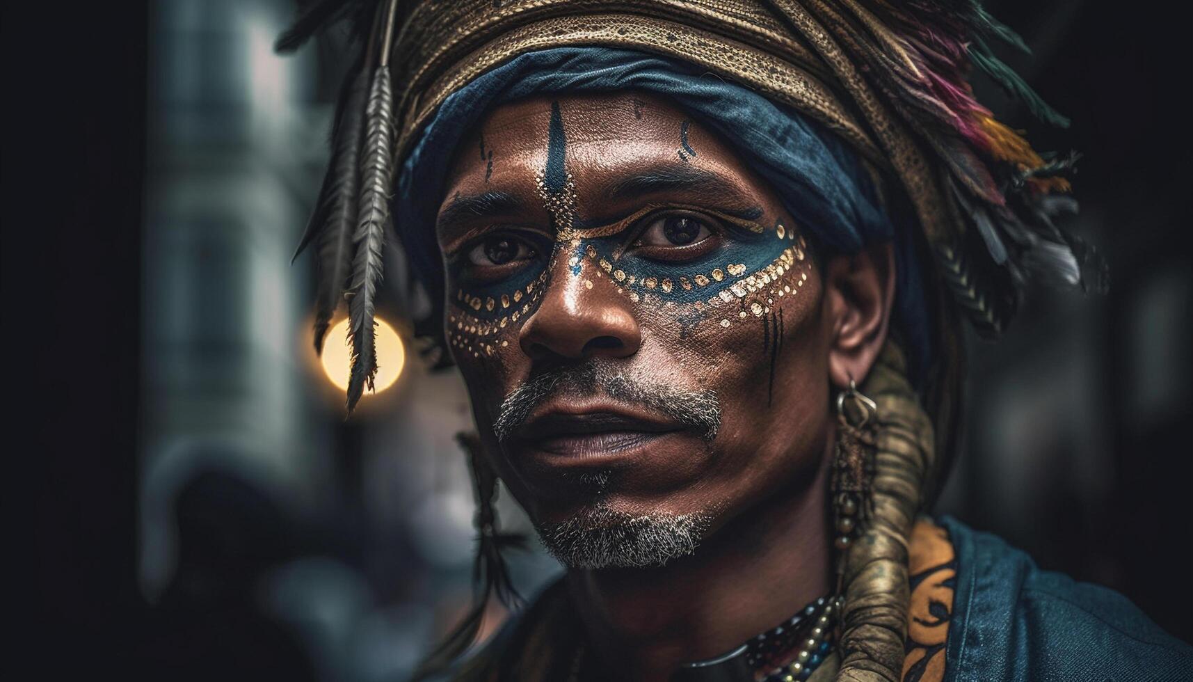 Indigenous man in traditional clothing smiling outdoors generated by AI photo