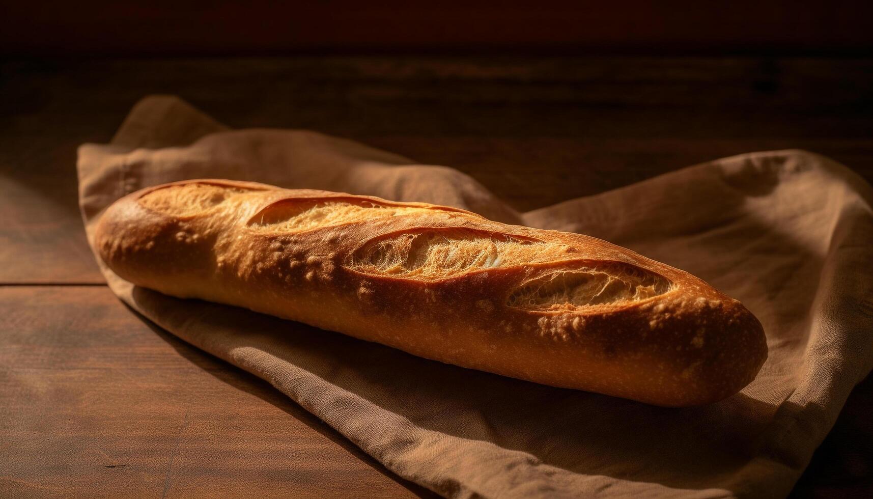 Freshly baked bread on rustic wooden table generated by AI photo