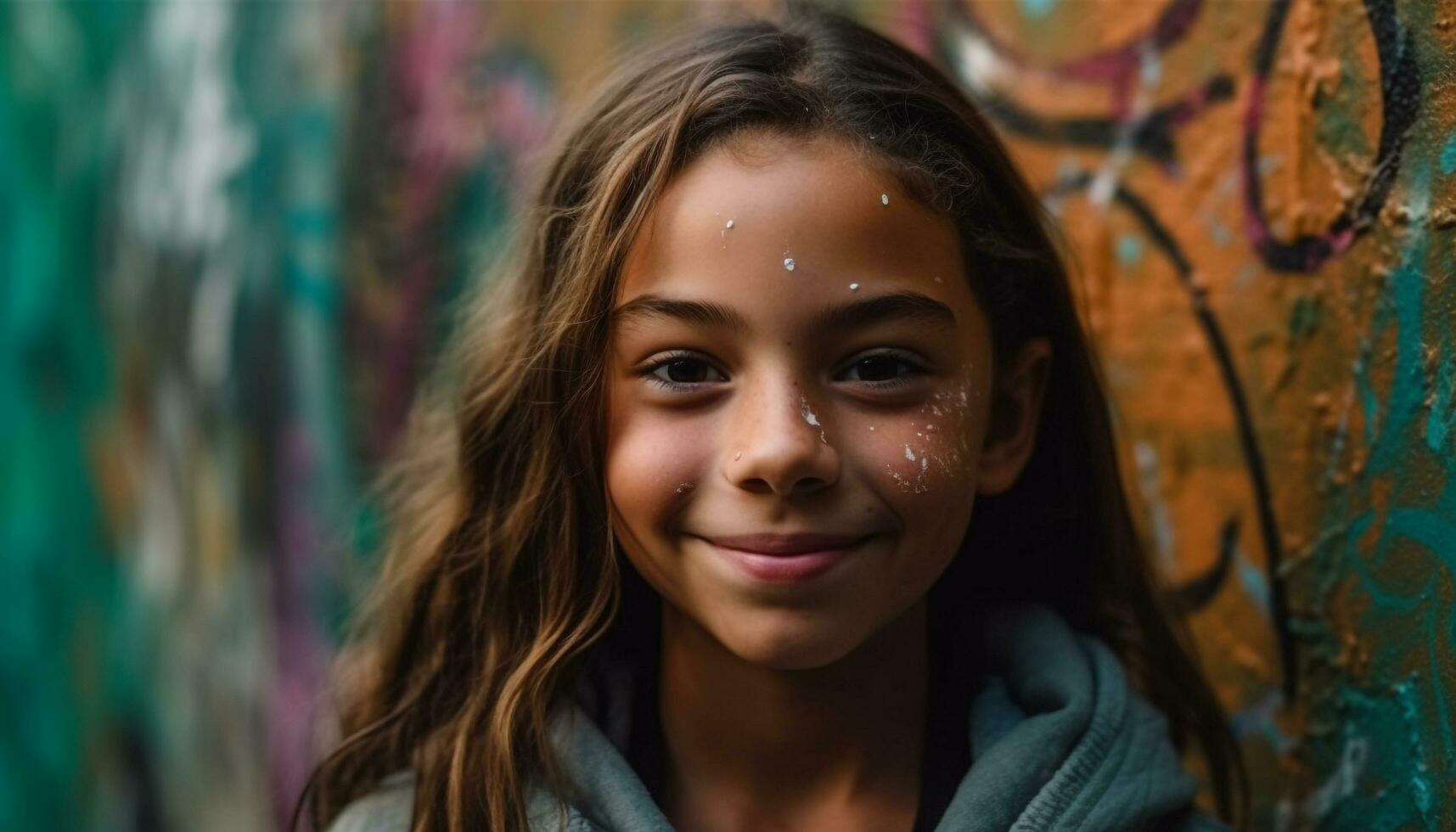 linda niña sonriente al aire libre, disfrutando infancia divertido generado por ai foto