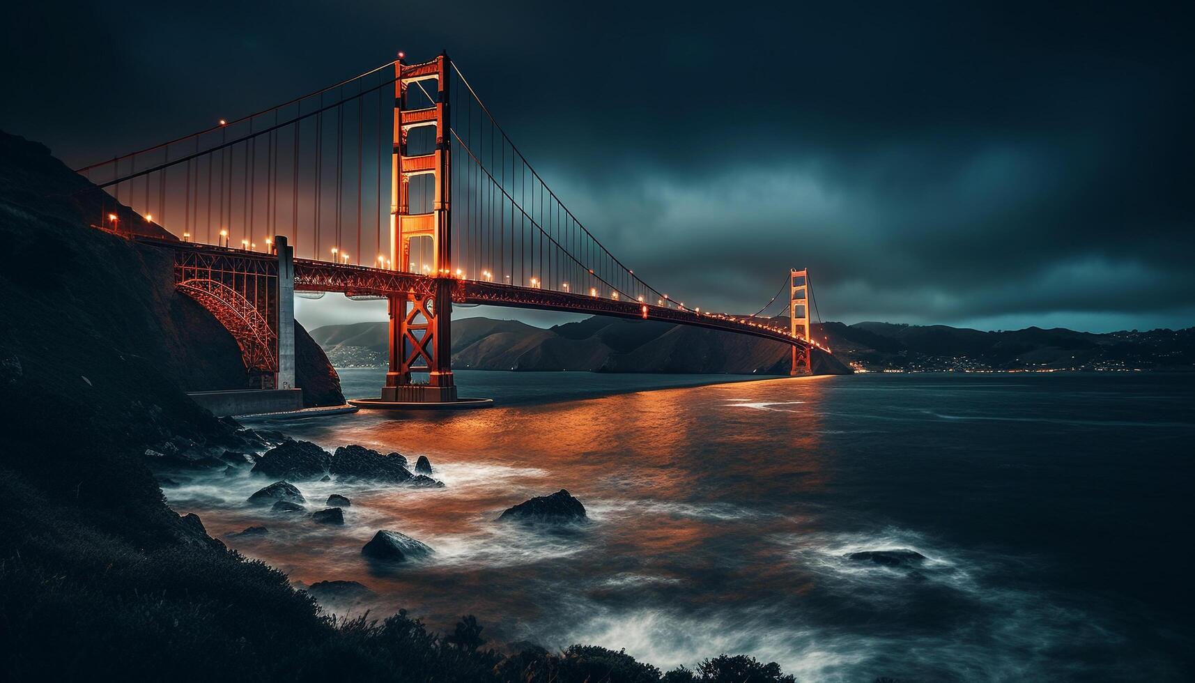 Illuminated suspension bridge over blue waters at dusk generated by AI photo