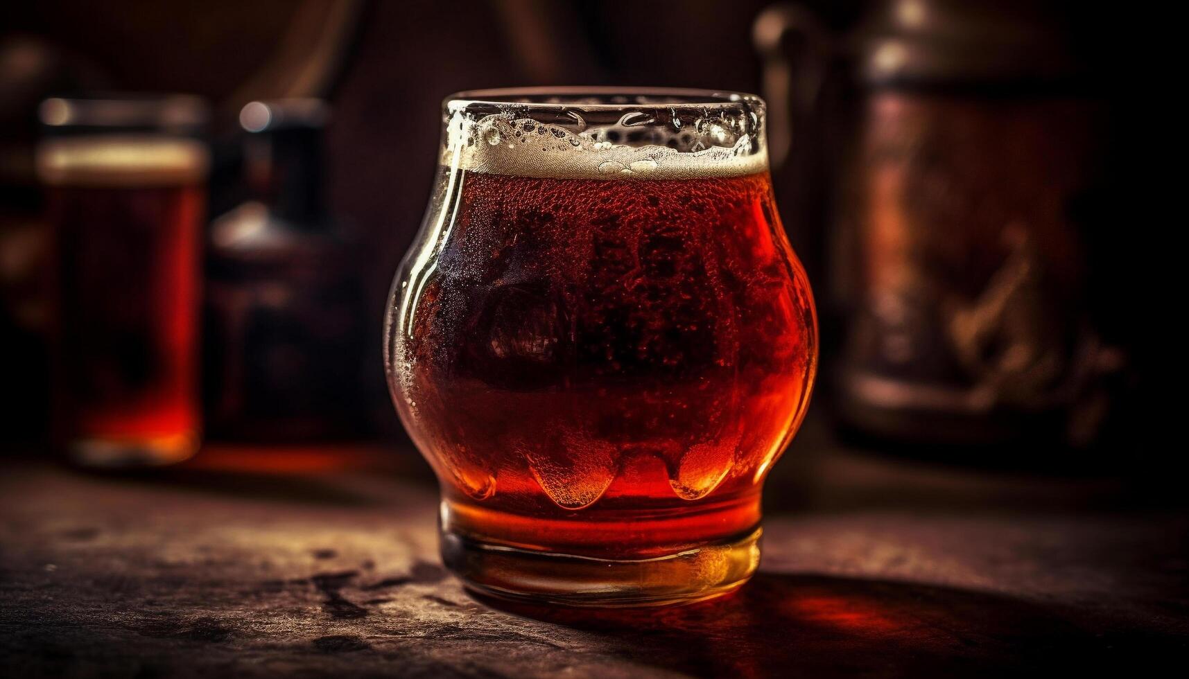 Frothy beer in pint glass on wooden table generated by AI photo