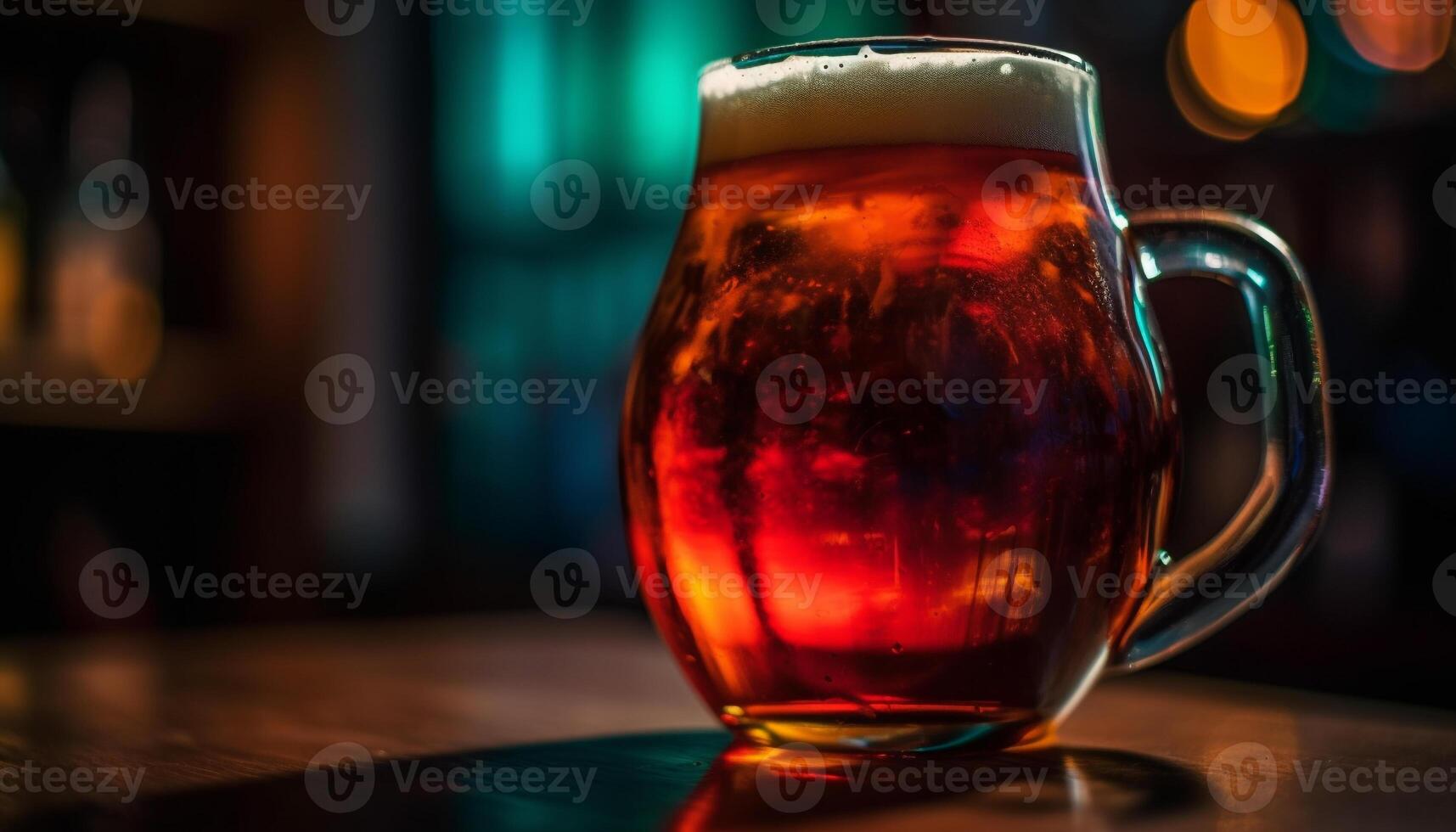 Frothy beer in pint glass on wooden table generated by AI photo