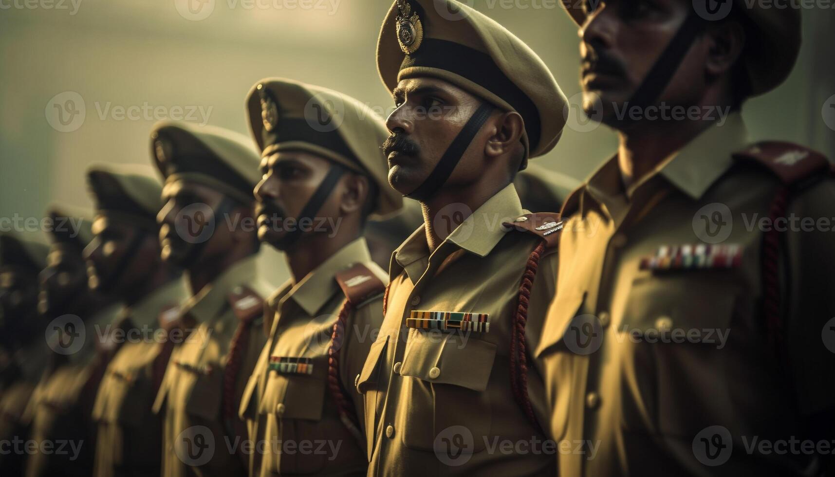 uniforme hombres en un fila, armado y Listo generado por ai foto