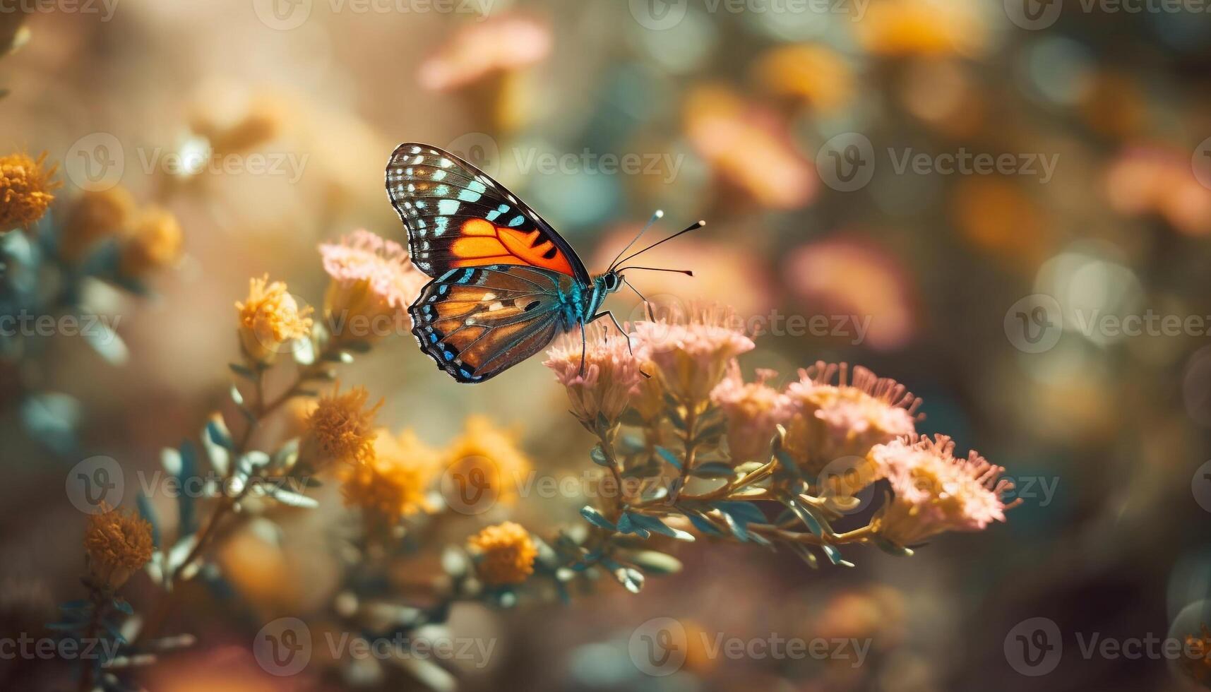 Vibrant butterfly pollinates yellow flower in summer generated by AI photo