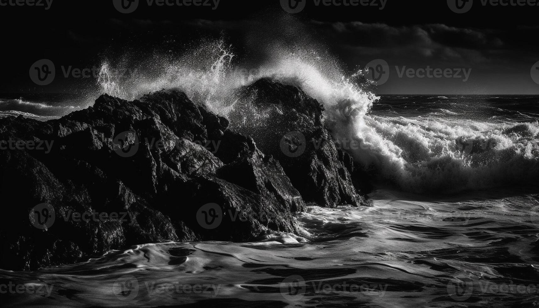 Breaking waves crash on rough coastline at dusk generated by AI photo