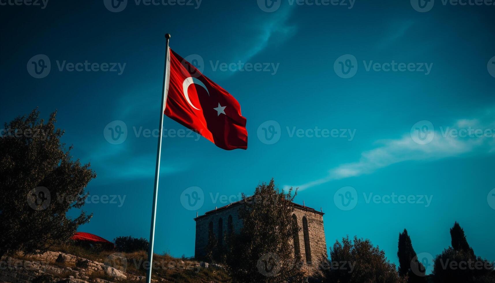 Majestic minaret illuminated at dusk, Turkish spirituality shines generated by AI photo