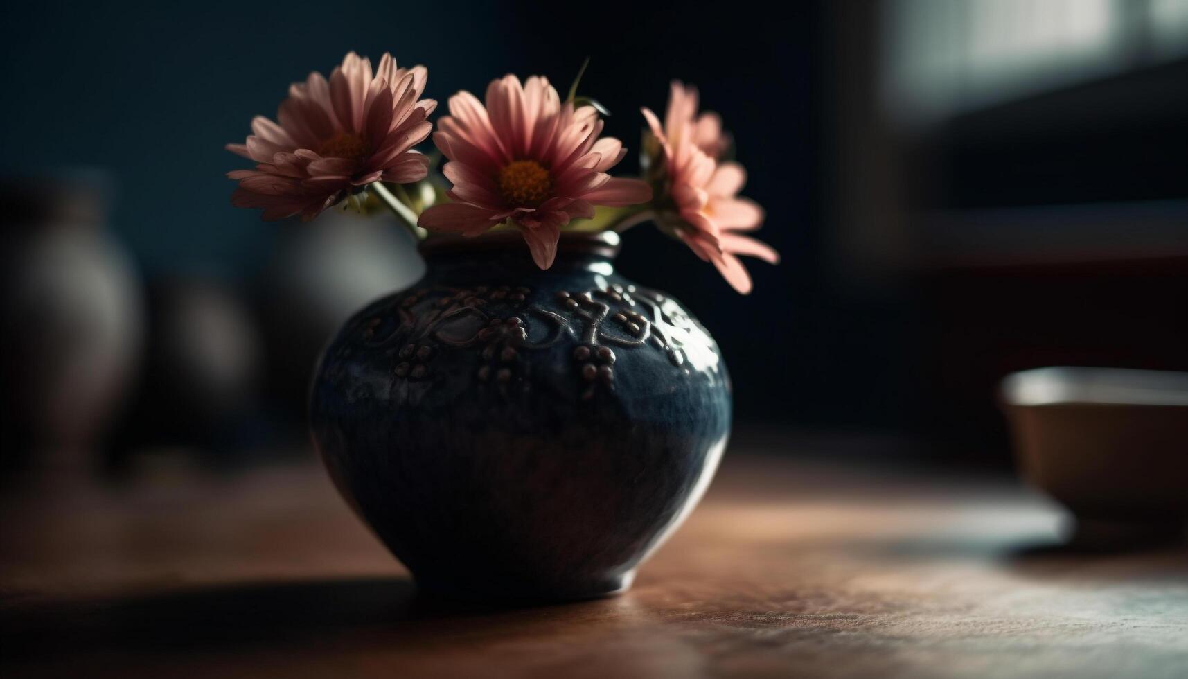 Rustic pottery vase holds beautiful gerbera daisy bouquet generated by AI photo