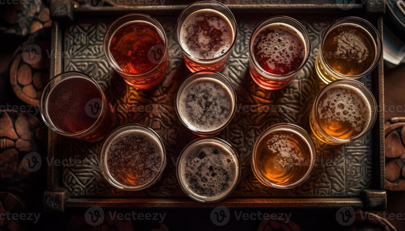 Frothy stout in gold pint glass, rustic wood generated by AI photo