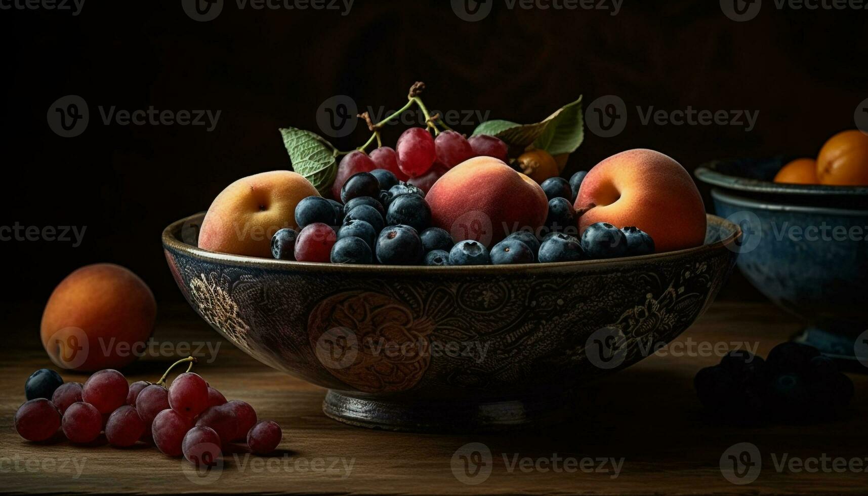 Fresh fruit bowl on rustic wood table generated by AI photo