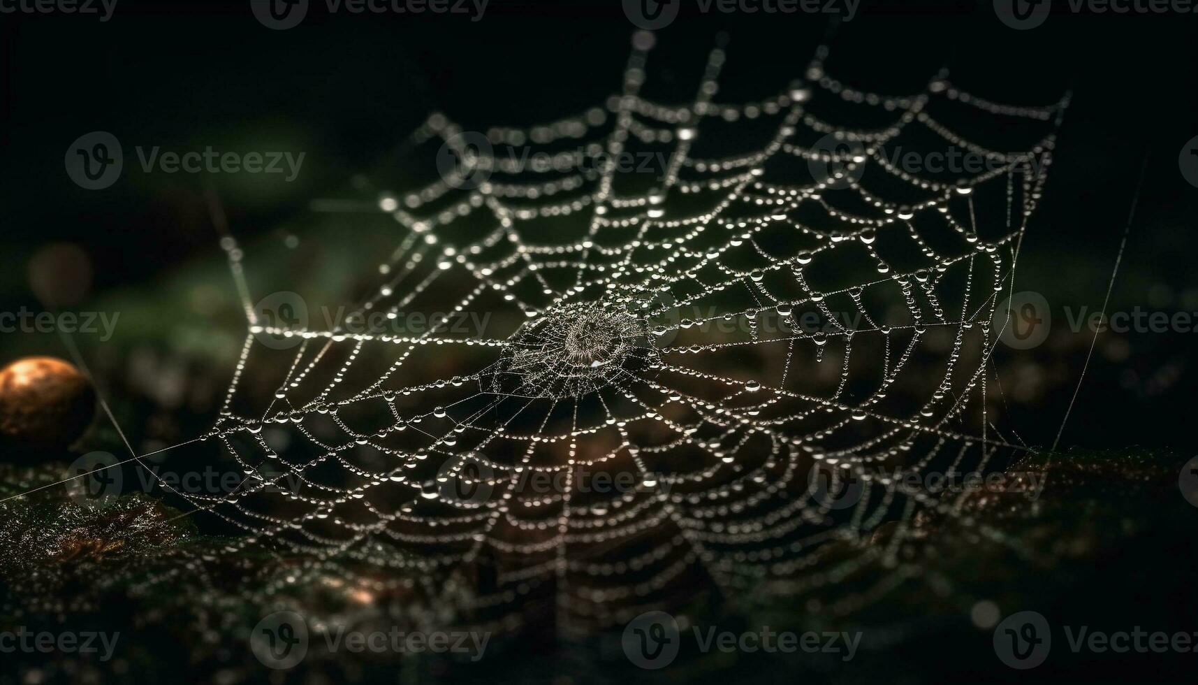 Spooky spider web captures dew drops outdoors generated by AI photo