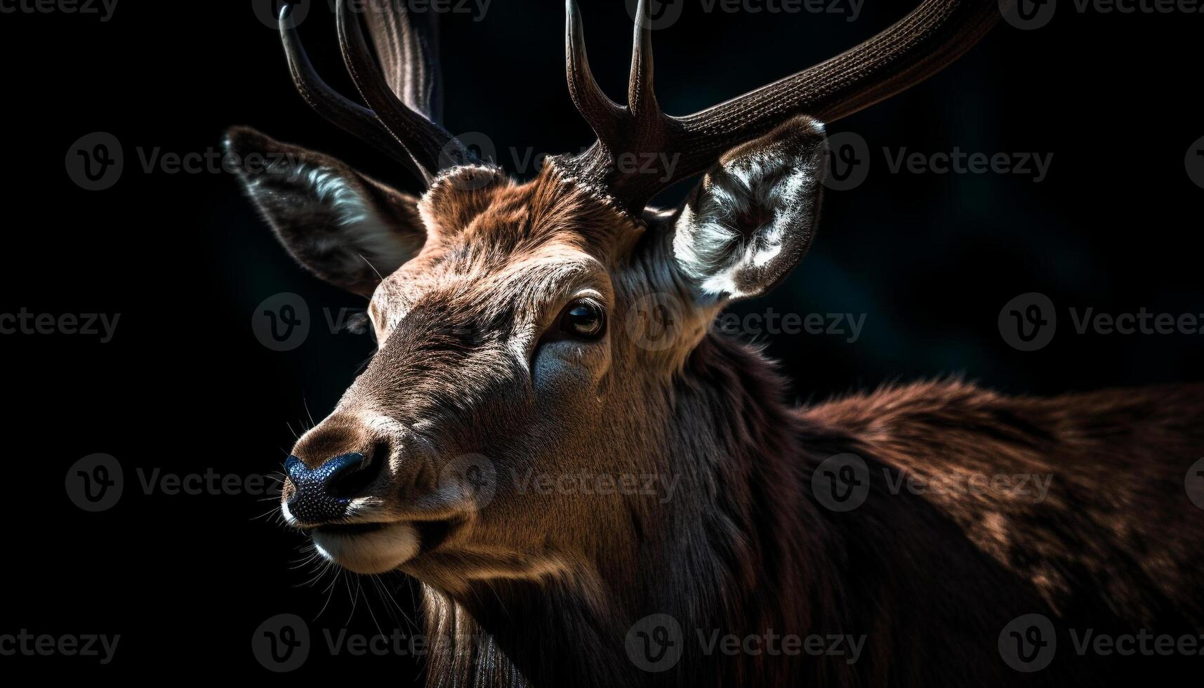 Horned stag looking at camera in forest generated by AI photo