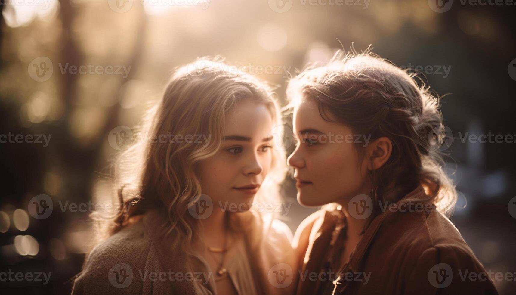 Two sisters embrace in carefree sunset playtime generated by AI photo