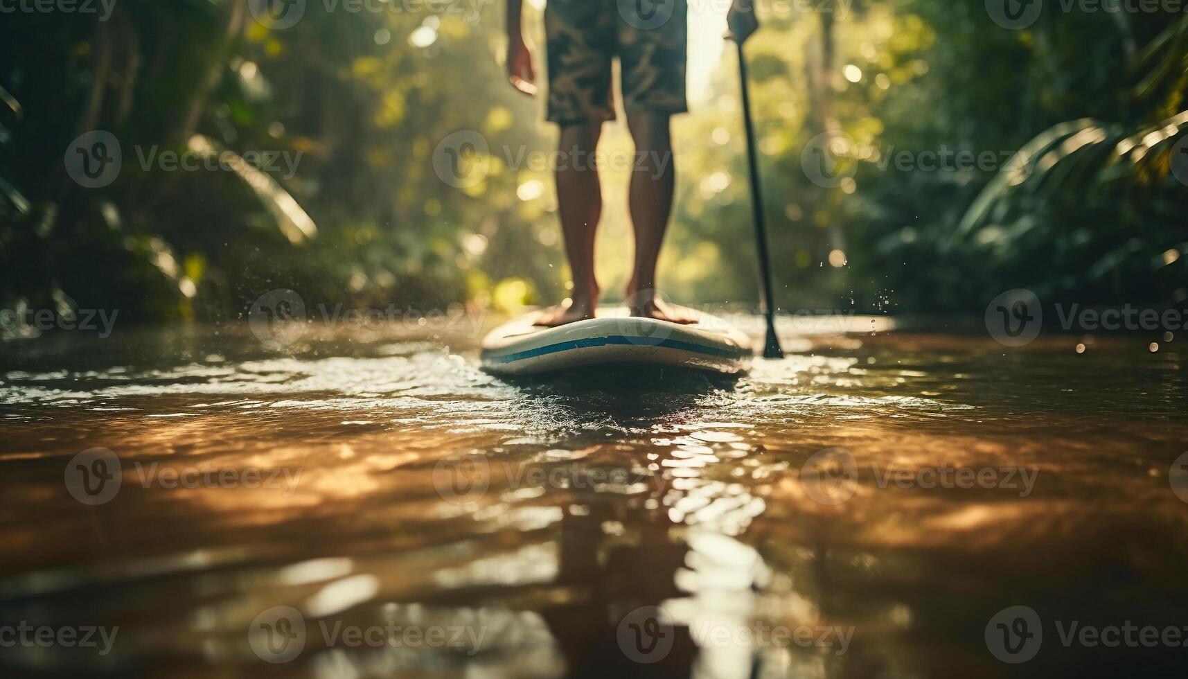 caucásico hombres surf, salpicando, y remar en agua generado por ai foto