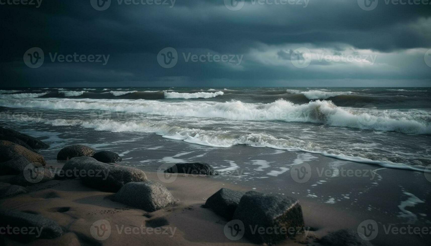Dramatic sky, crashing waves, tranquil beauty generated by AI photo