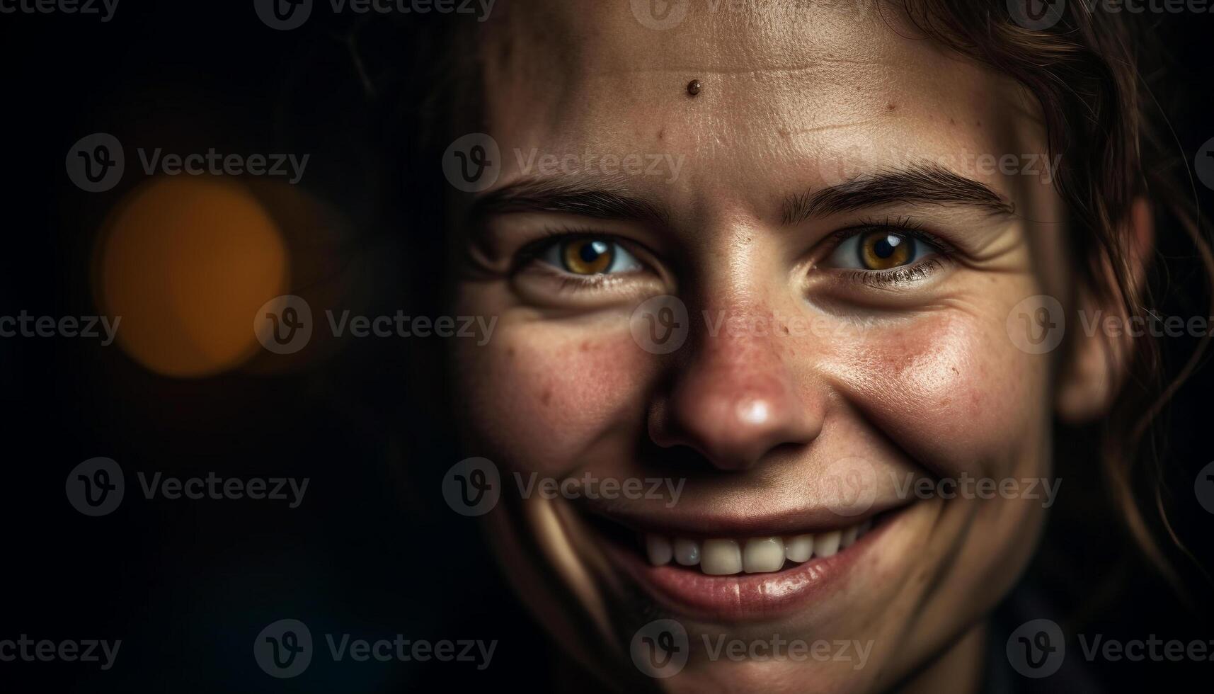 Toothy smile of young woman exudes joy generated by AI photo