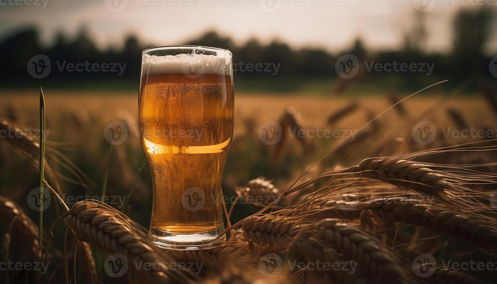 Golden wheat brew in frothy pint glass generated by AI photo