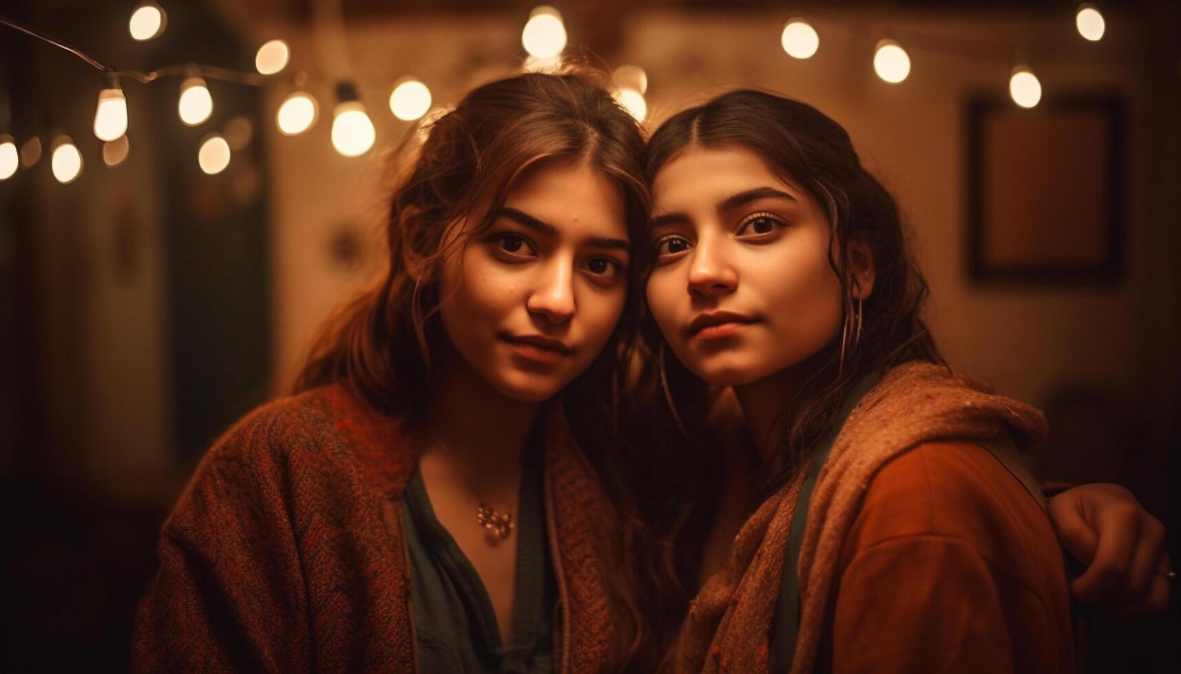 Two young women smiling, looking at camera indoors generated by AI photo