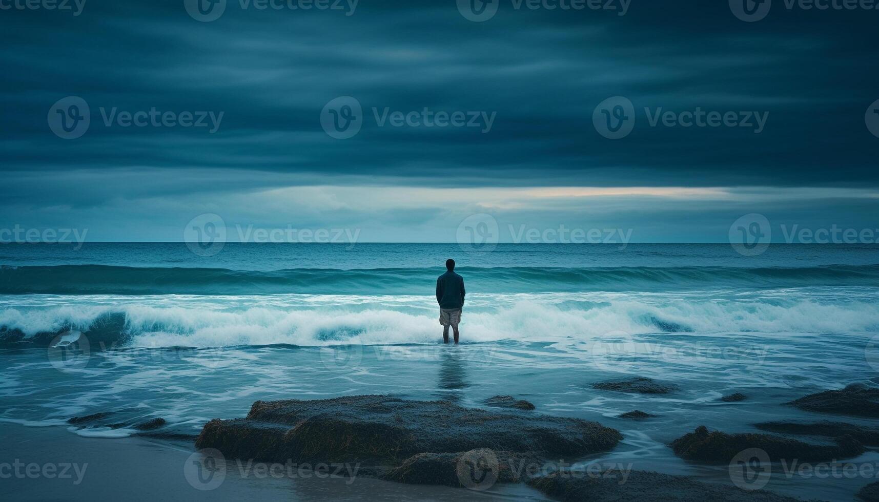 Solitude on the coastline, one person standing generated by AI photo