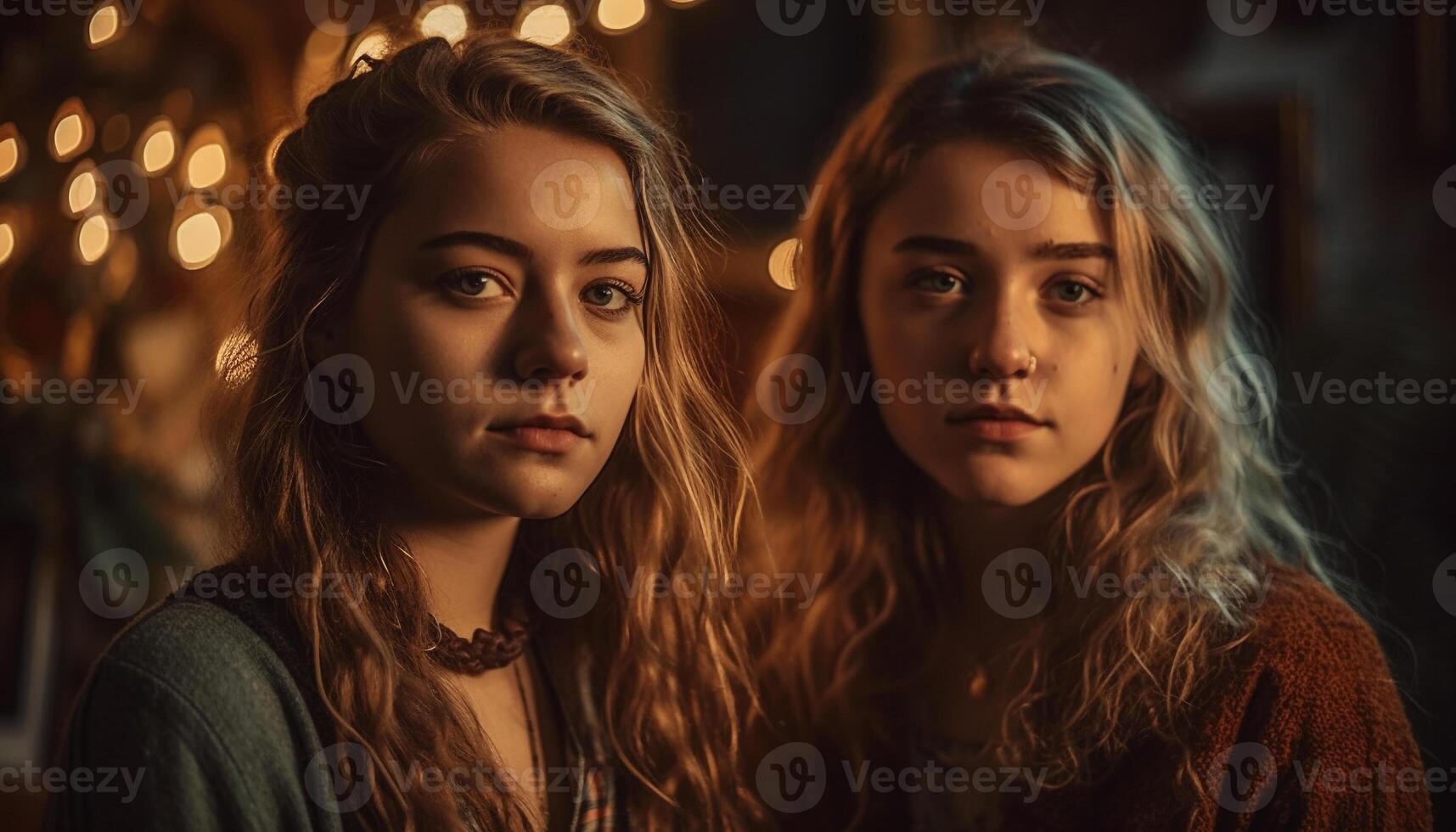Two young women looking at camera, smiling generated by AI photo