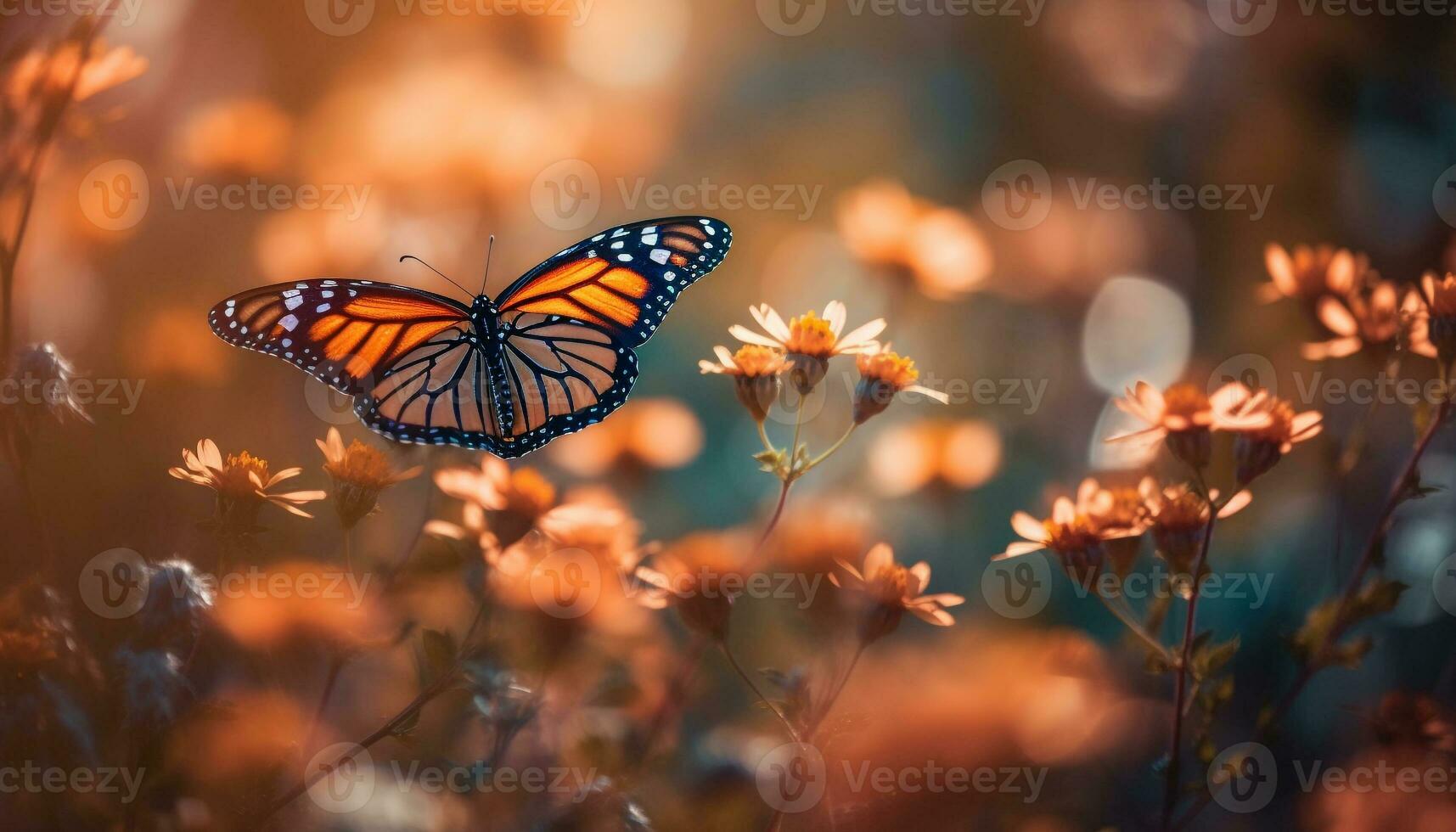 Vibrant butterfly pollinates multi colored flower in meadow generated by AI photo