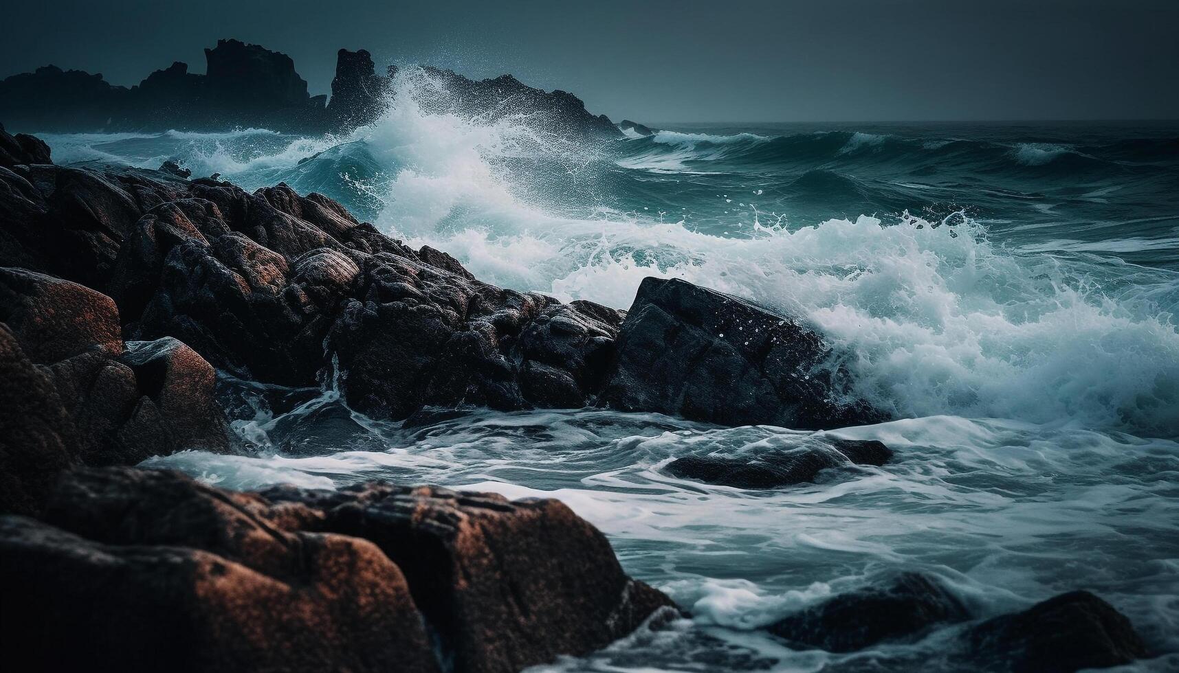 Breaking waves crash against rocky coastline at dusk generated by AI photo