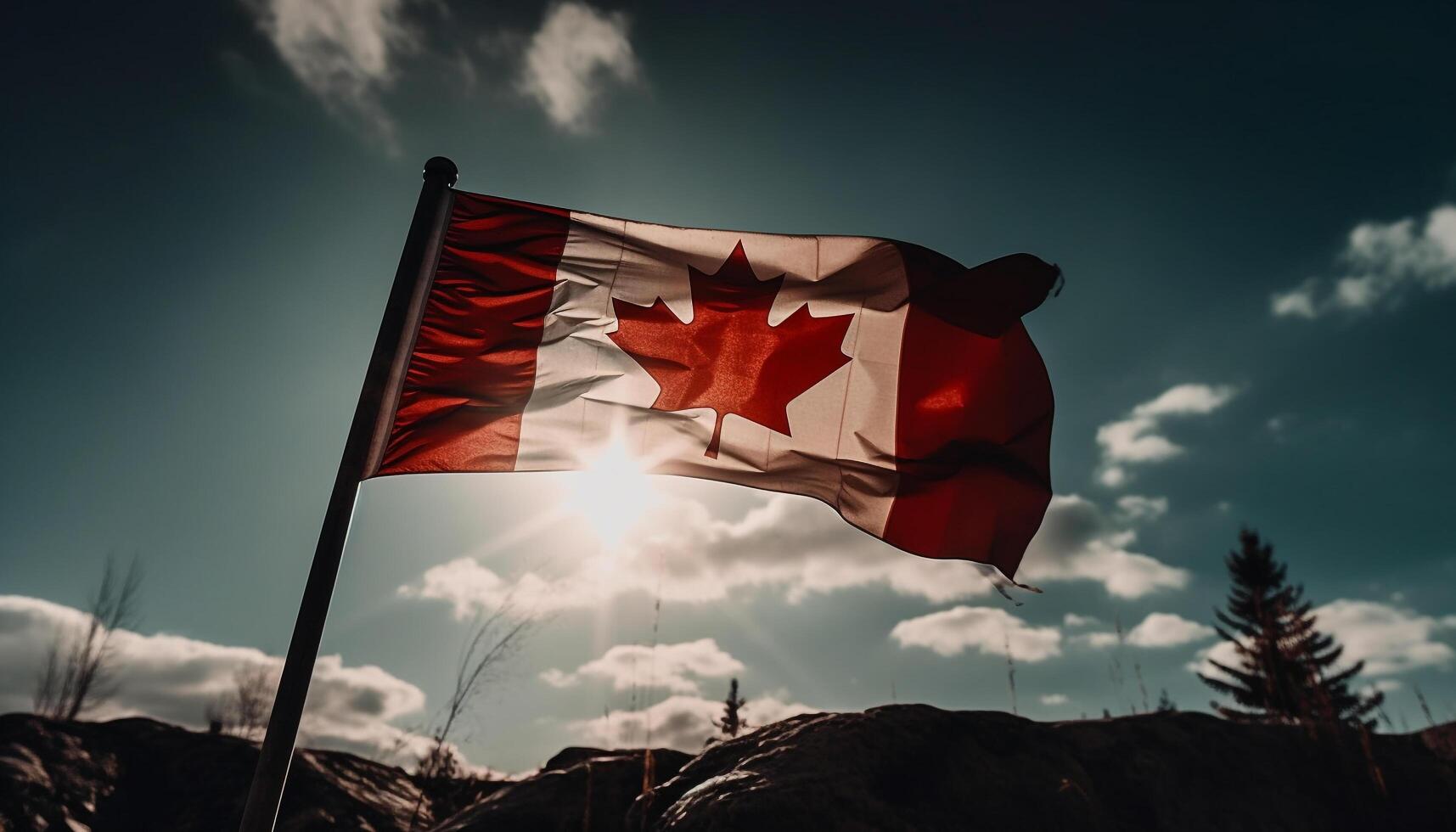 Canadian flag waving in majestic mountain landscape generated by AI photo