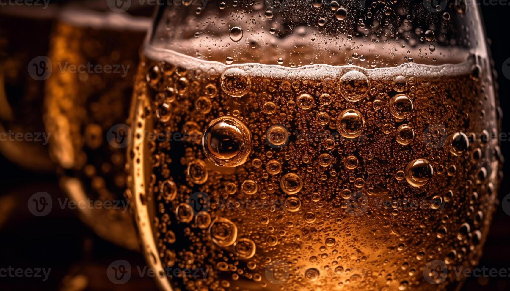 Frothy gold liquid in transparent beer glass generated by AI photo