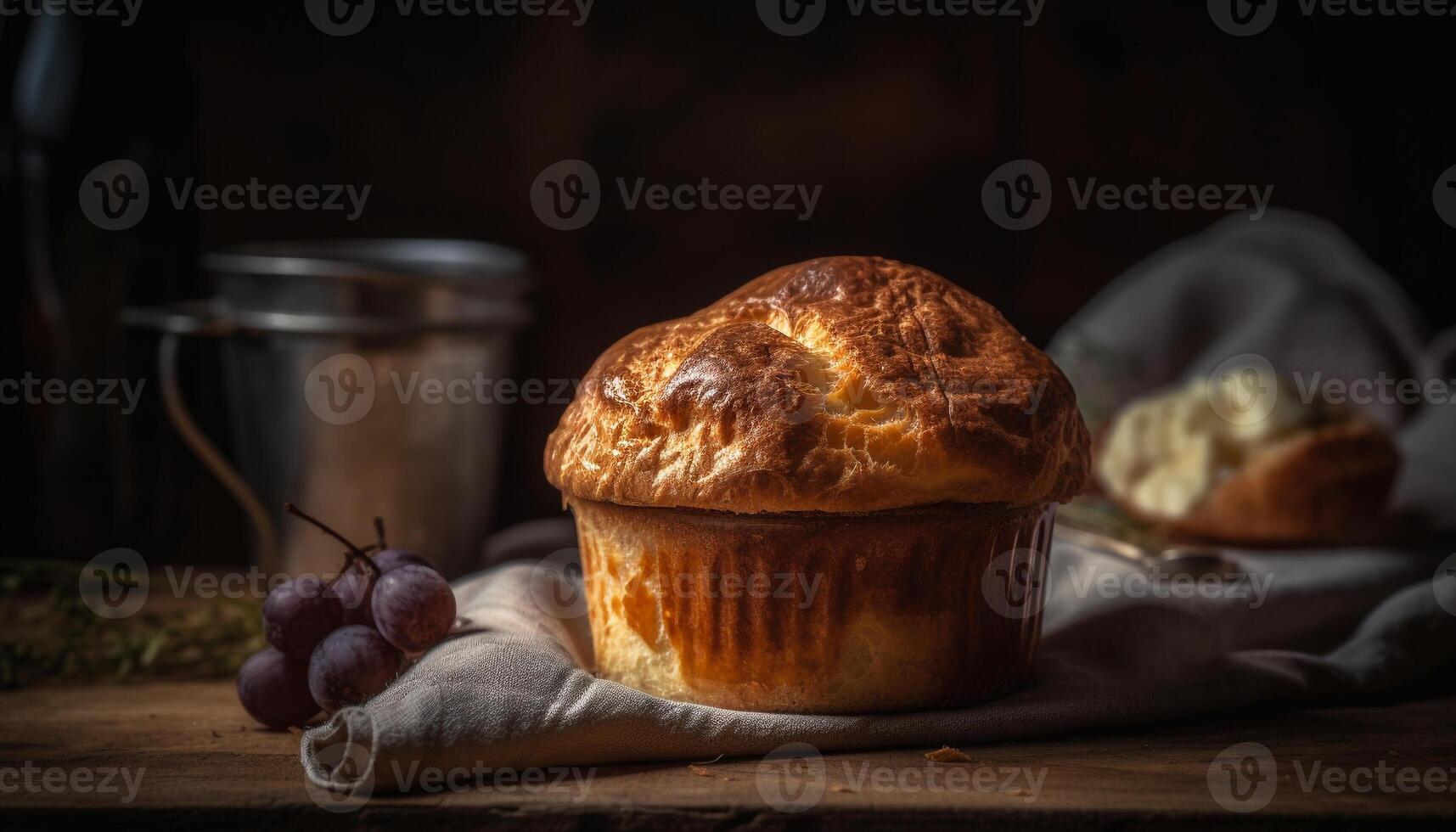 Freshly baked homemade muffins on rustic table generated by AI photo