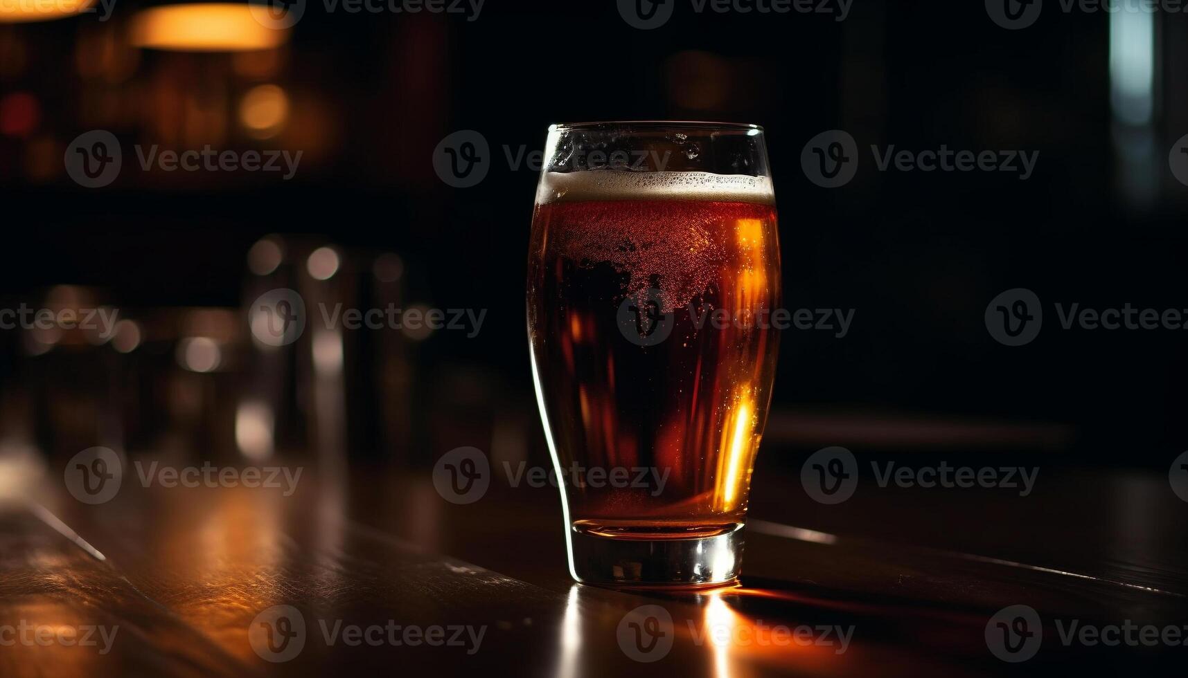 Frothy beer glass on wooden bar counter generated by AI photo