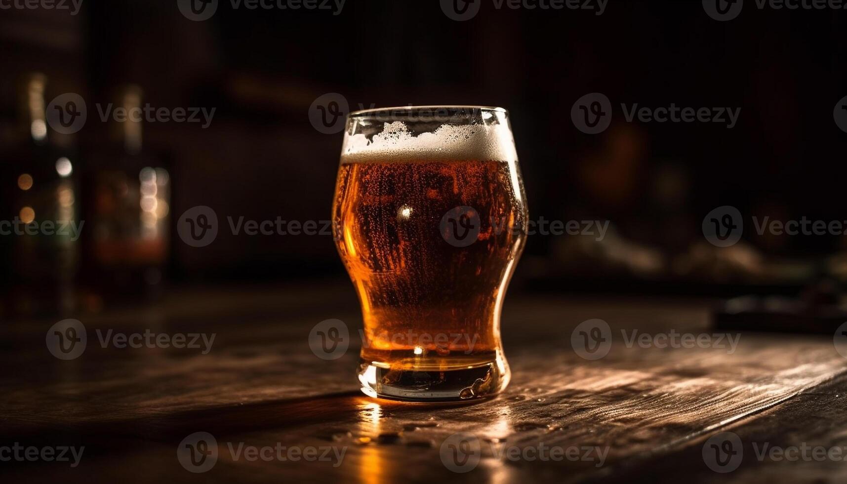 Frothy beer glass on wooden bar counter generated by AI photo