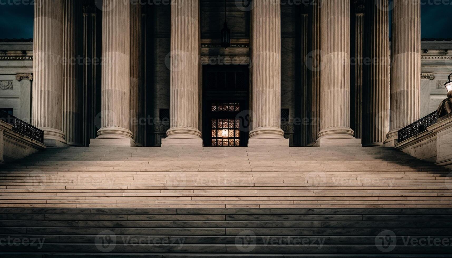 Neo classical courthouse facade illuminated at night generated by AI photo