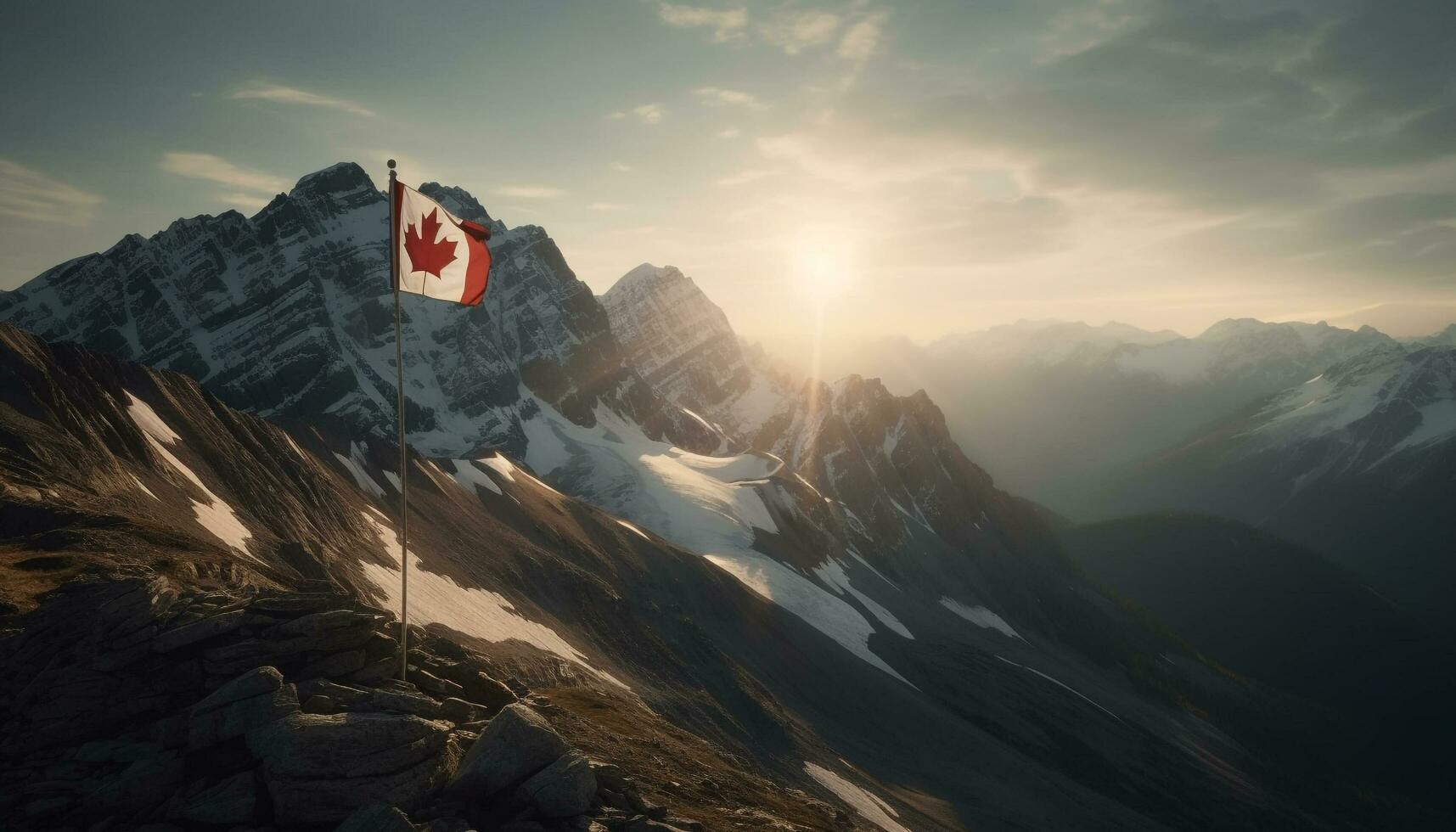 Mountain peak snow sunset rock hiking generated by AI photo