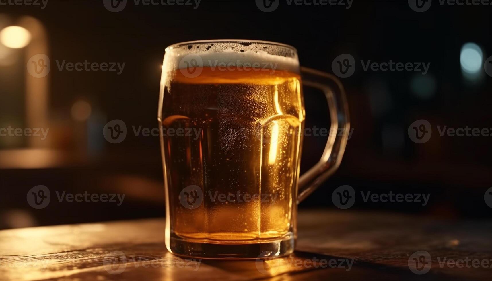 Frothy beer in pint glass on wooden table generated by AI photo