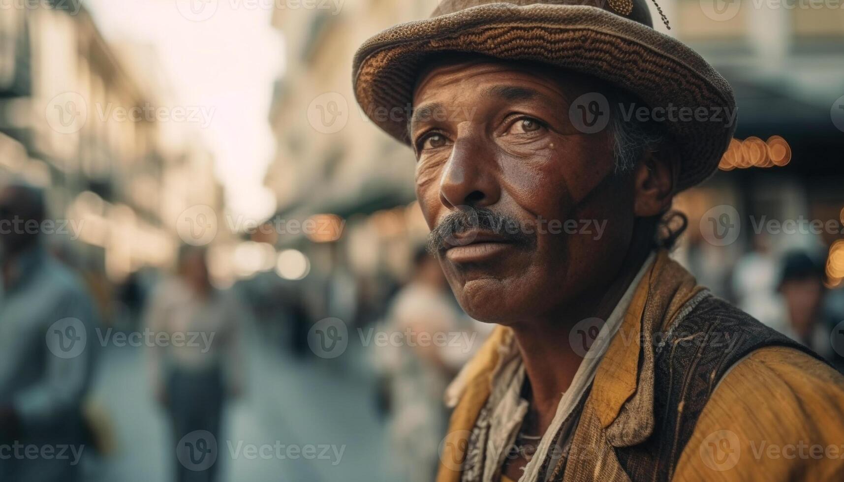 Smiling man walking in famous city sunset generated by AI photo