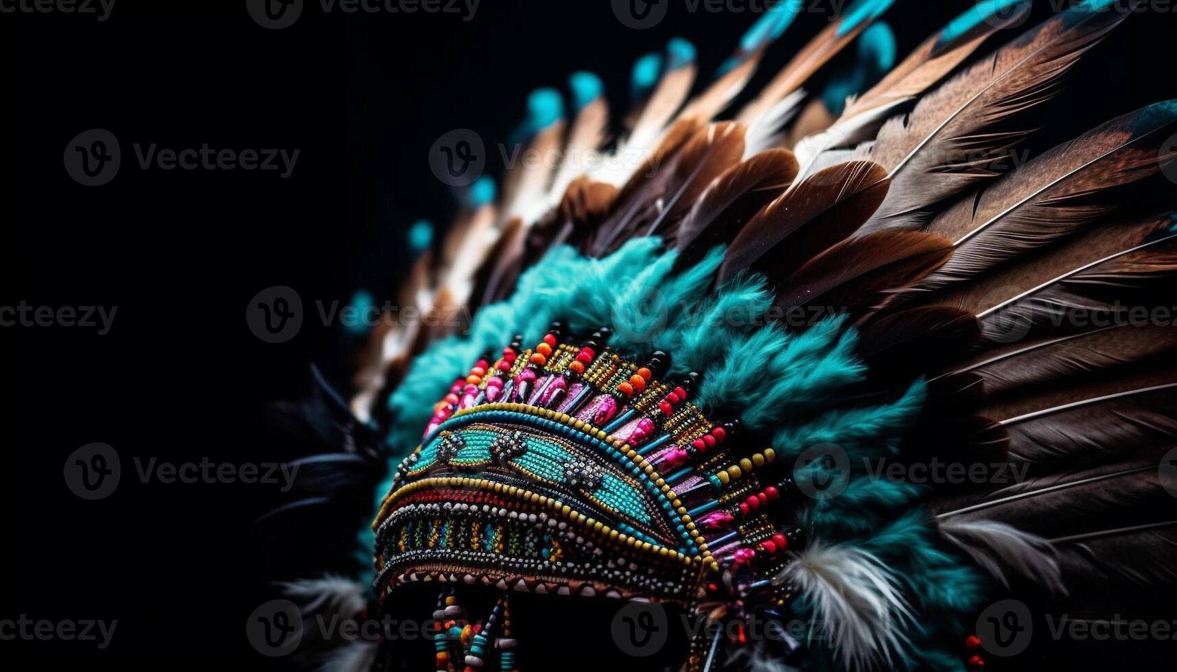 indígena elegancia florido tocado, vibrante pavo real plumas generado por ai foto