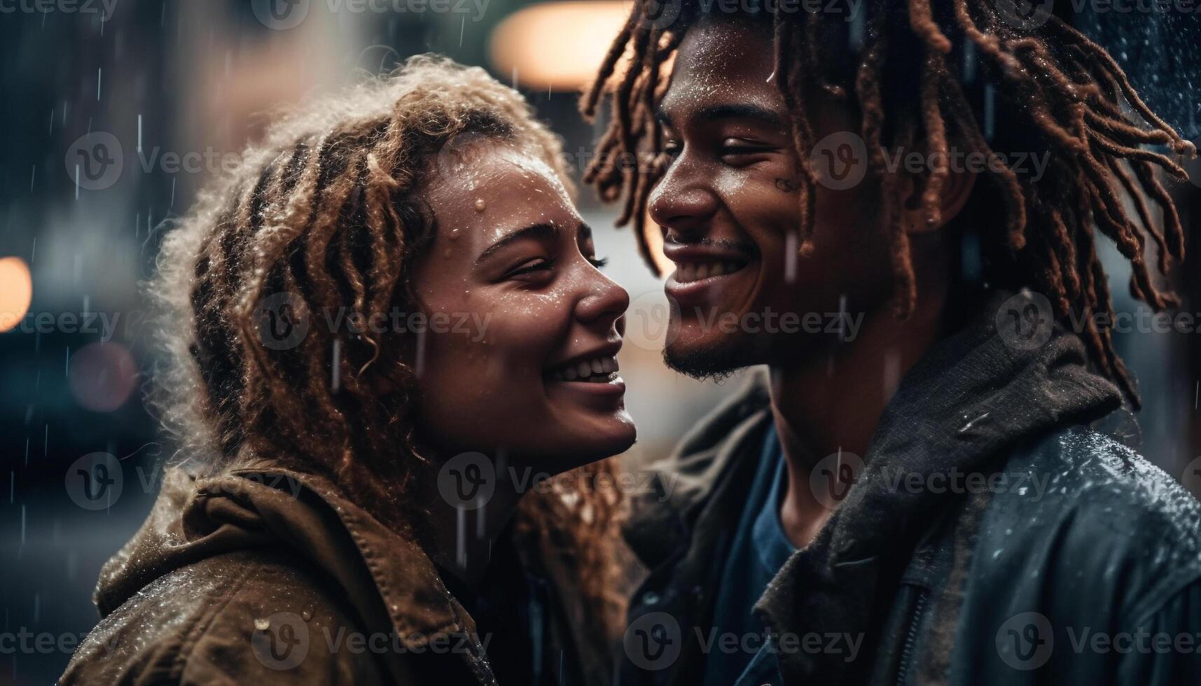 Young adults embrace in wet winter rain generated by AI photo