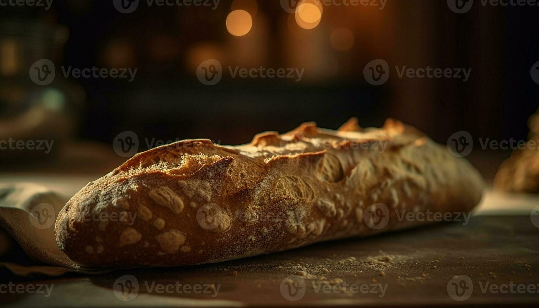 Freshly baked bread on rustic wooden table generated by AI photo