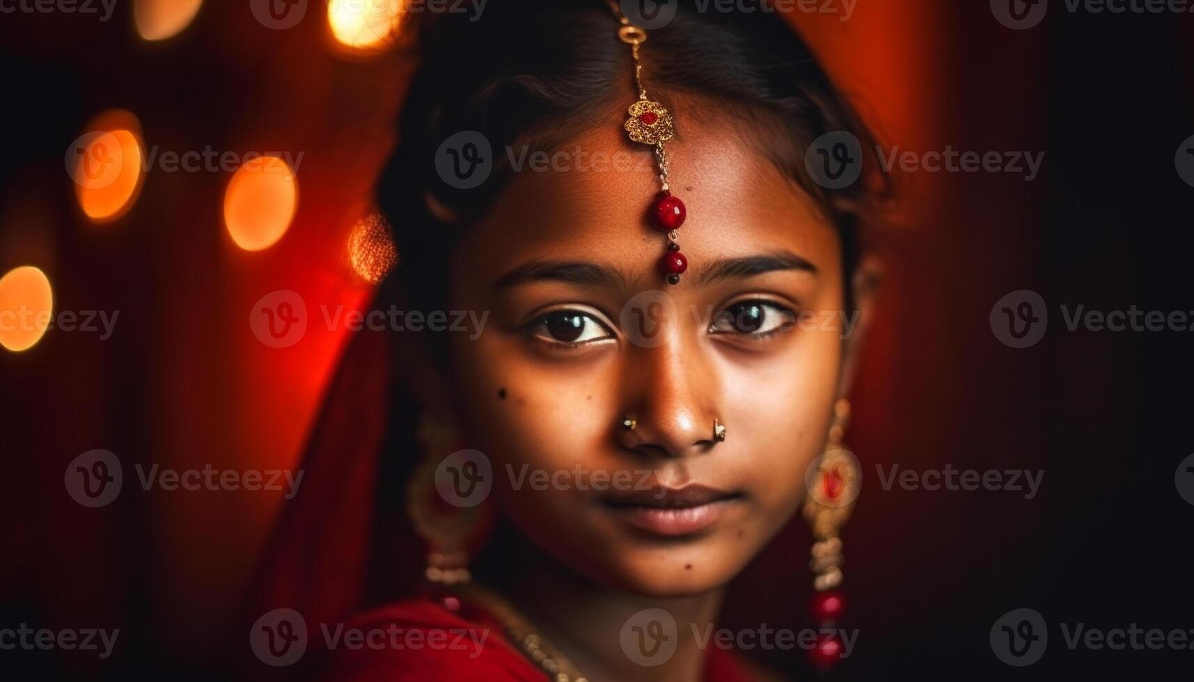 Young Indian woman smiling in traditional sari generated by AI photo