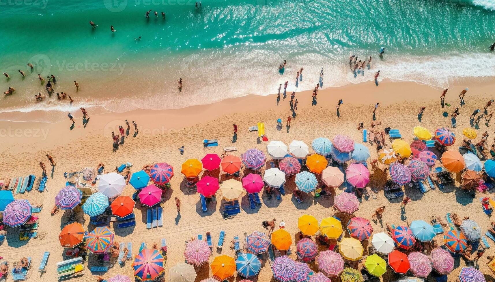 Crowded beach, multi colored umbrellas, fun in sun generated by AI photo